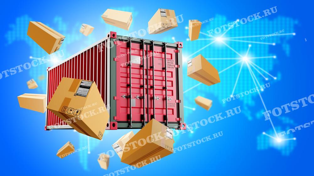 На изображении показан грузовой контейнер, вокруг которого парят коробки, на фоне стилизованной глобальной карты с линиями связи. Фотография символизирует процессы международной доставки, логистики и распределения товаров по всему миру.
